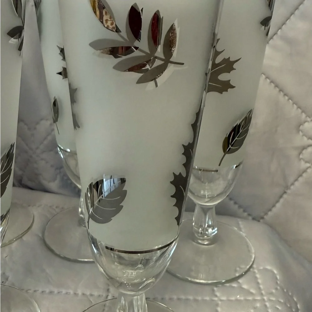 VINTAGE LIBBEY SILVER LEAF FROSTED PILSNER GLASS SET OFf 5